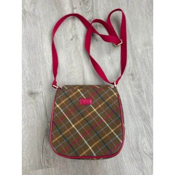 NESS Wool Rich Check Crossbody Bag Satchel Messenger Shoulder Pink Leather Trim - Picture 3 of 9